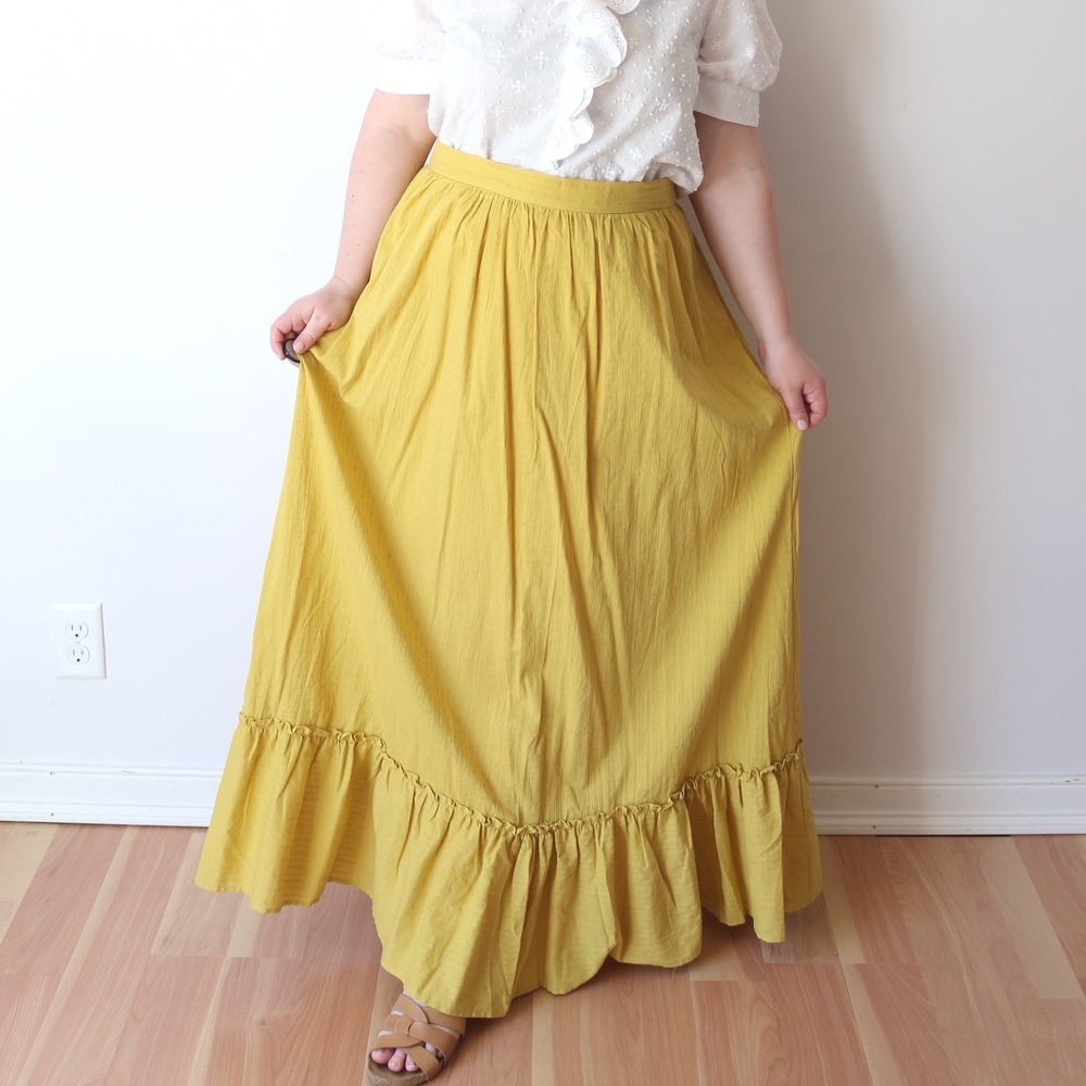 ModCloth Maxi Skirt Mustard Yellow Ruffle Hem High Waisted Boho Prairie XL